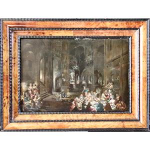 Grande Peinture Sur Cuivre Flamande d'&eacute;poque XVII&egrave;me Sc&egrave;ne De Banquet