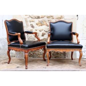 Pair Of Louis XV Period Flat Back Armchairs Covered In Leather