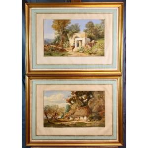 Pair Of Watercolors Animated Landscapes Late Nineteenth