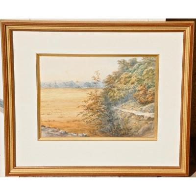 Aquarelle "paysage De Campagne Automnale" De Feilding 