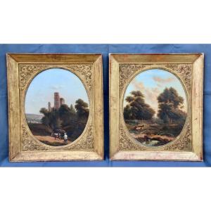 Paire De Peintures De Paysage Ovale De Joseph Felly