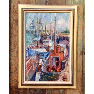 Large 20th Century Painting Fishing Boats In Port