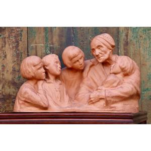 Terracotta Group By G. Hauchecorne The Breton Grandmother And Her Little Children 