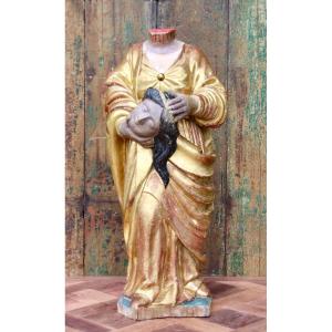 18th Century Sculpture Of Saint Valérie In Gilded And Polychrome Wood 