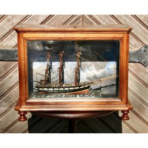19th Century Ship Diorama In Its Display Case