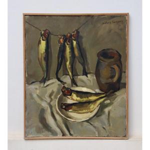 Peinture de P.R. BECHON -SAUZEAU "nature morte au harengs saurs"