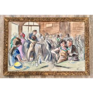 aquarelle "scène de bistrot" par F. FERNEL 