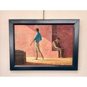 Peinture de P.R. BECHON -SAUZEAU "balade dans la rue"