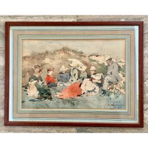 aquarelle XIXème déjeuné sur l'herbe par Victor Uytterschaut