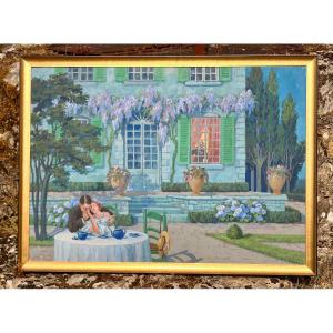 Gouache On Cardboard, "romantic Dinner" By Henri-pierre Lejeune