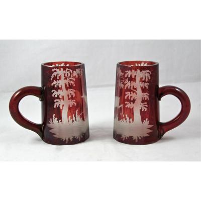 Pair Of XIXth Steins Crystal De Bohemia