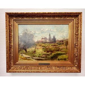 peinture paysage et village de E. de RETZ
