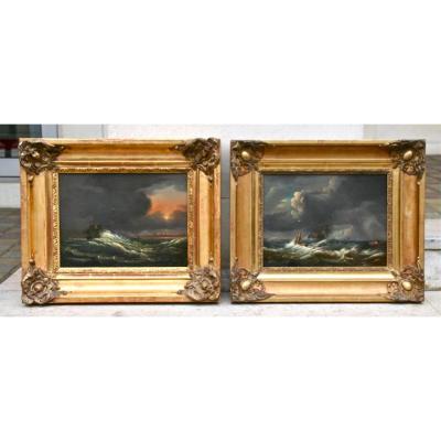 Pair Of XIXth Painting "shipwreck Navy And" Clementine Bar