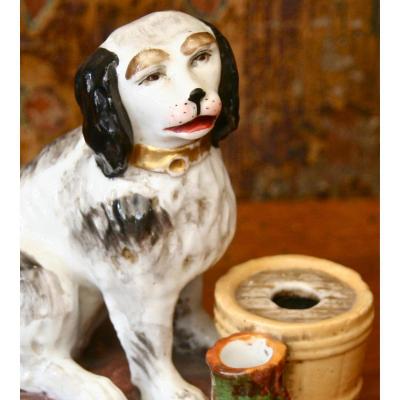 Encrier "Chien" XIXème En Porcelaine