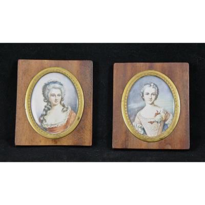 Pair Of Miniatures On Ivory Nineteenth "young Elegant"