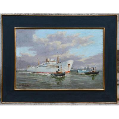 Peinture Début XXème "l'entrée Du Charleville Dans Le Port d'Anvers" Par Edmond Heirman