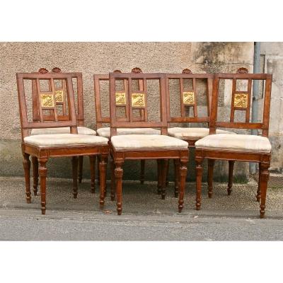 Six Sixteenth Century Chairs Louis XVI Carved Walnut And Golden Wood