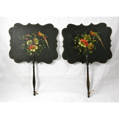 Pair Of Napoleon III Nineteenth Flowers Decor Fan