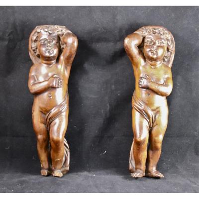 Paire De Putti XIXème En Noyer