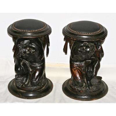 Pair Of Nineteenth Nubian Stools In Blackened Wood