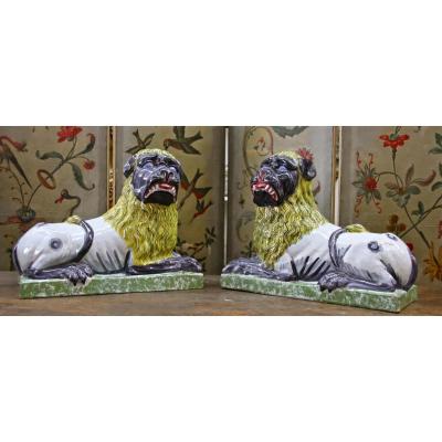 Pair Of Lions Nineteenth Faience Luneville