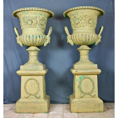 Very Large Pair Of Medici Vases Cast Iron On Pedestal