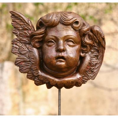 Tête d'Ange XVIIIème En Noyer Sculpté 