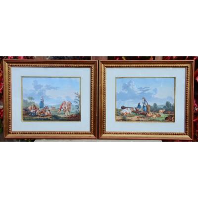 Pair Of Gouaches XIXth Annimated Champeter Scenes