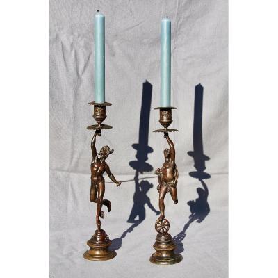 Pair Of XIXth Bronze Candlesticks After Jean De Bologne