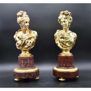 Pair Of Busts Of Woman In Bronze XIXth By A. Carrier-belleuse