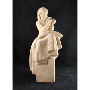 XXth Sculpture By Charles. Delhommeau The Seated Girl