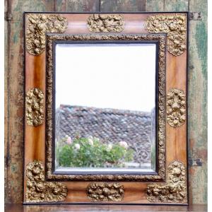 Louis XIV Mirror In Brass And Walnut