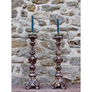 Pair Of Eighteenth Candlestick Spades In Silver Wood