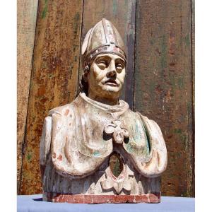 Bishop Reliquary In Polychrome Wood, XVIIIth Century