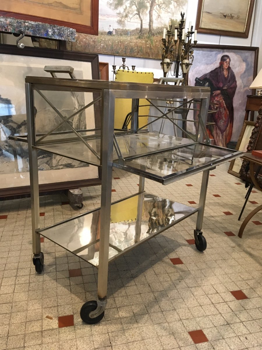 Jacques Adnet Bar Roulant Verre Et Métal Chromé -photo-1