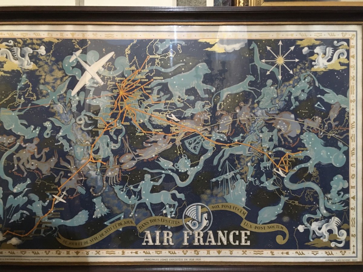 Affiche Lucien Boucher Air France Planisphère Céleste 