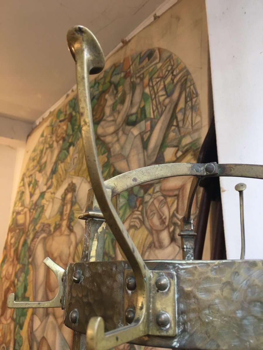 Coat Rack Serrurier-bovy, Secession Or Art & Craft In Brass And Hammered Copper-photo-7