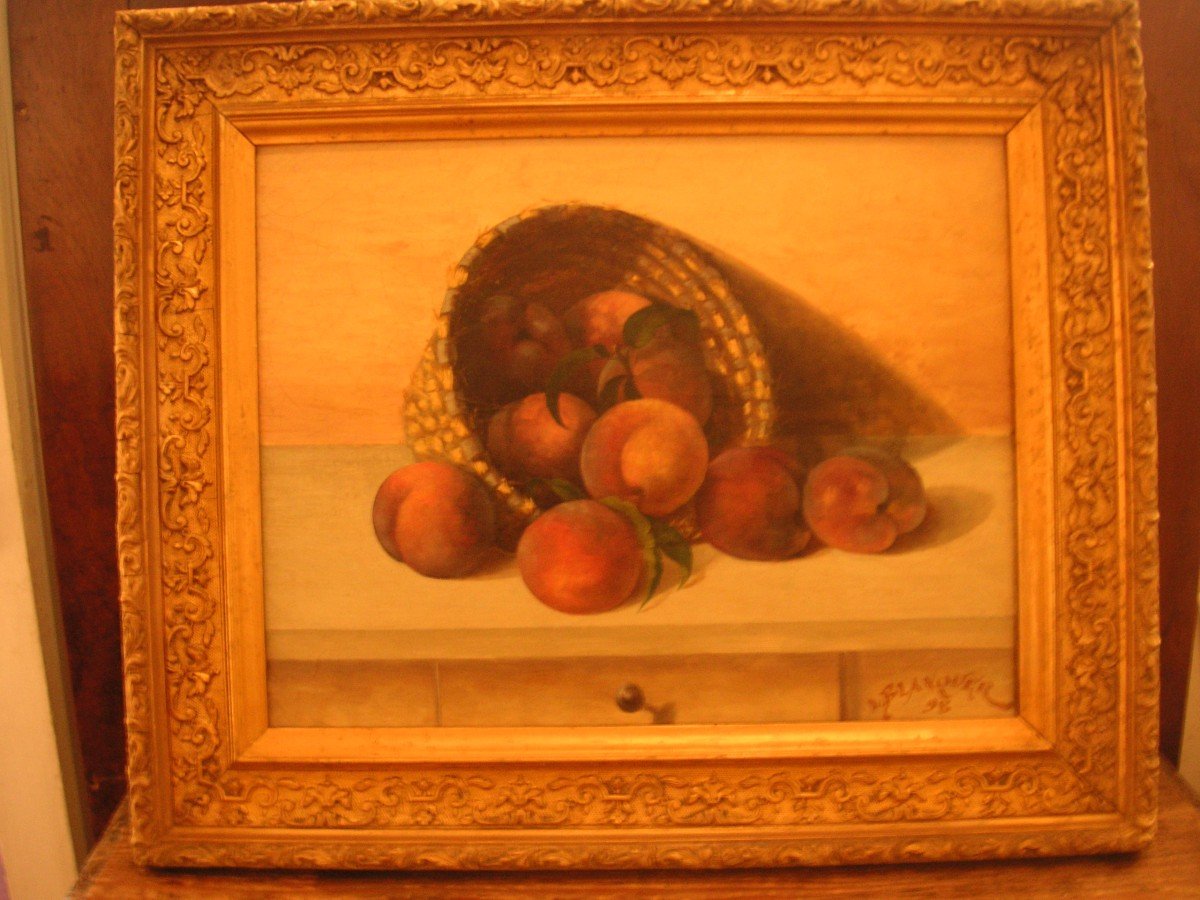 Still Life Painting With A Basket Of Peaches / Late 19th Century-photo-2