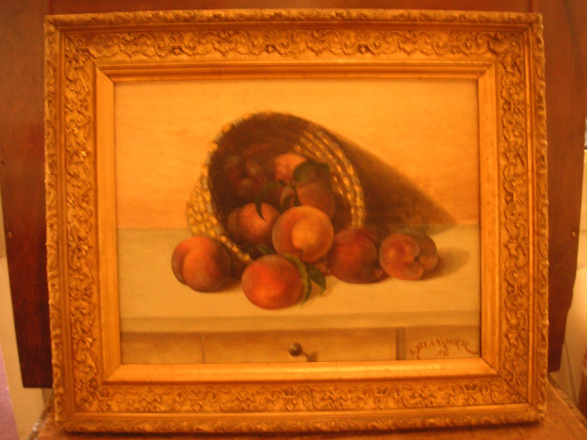 Still Life Painting With A Basket Of Peaches / Late 19th Century-photo-1