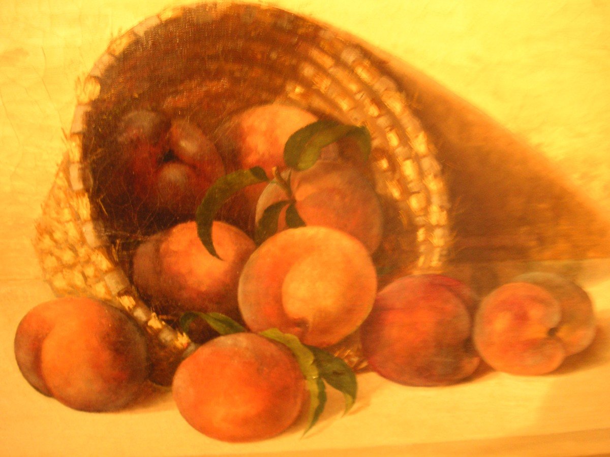 Still Life Painting With A Basket Of Peaches / Late 19th Century-photo-3