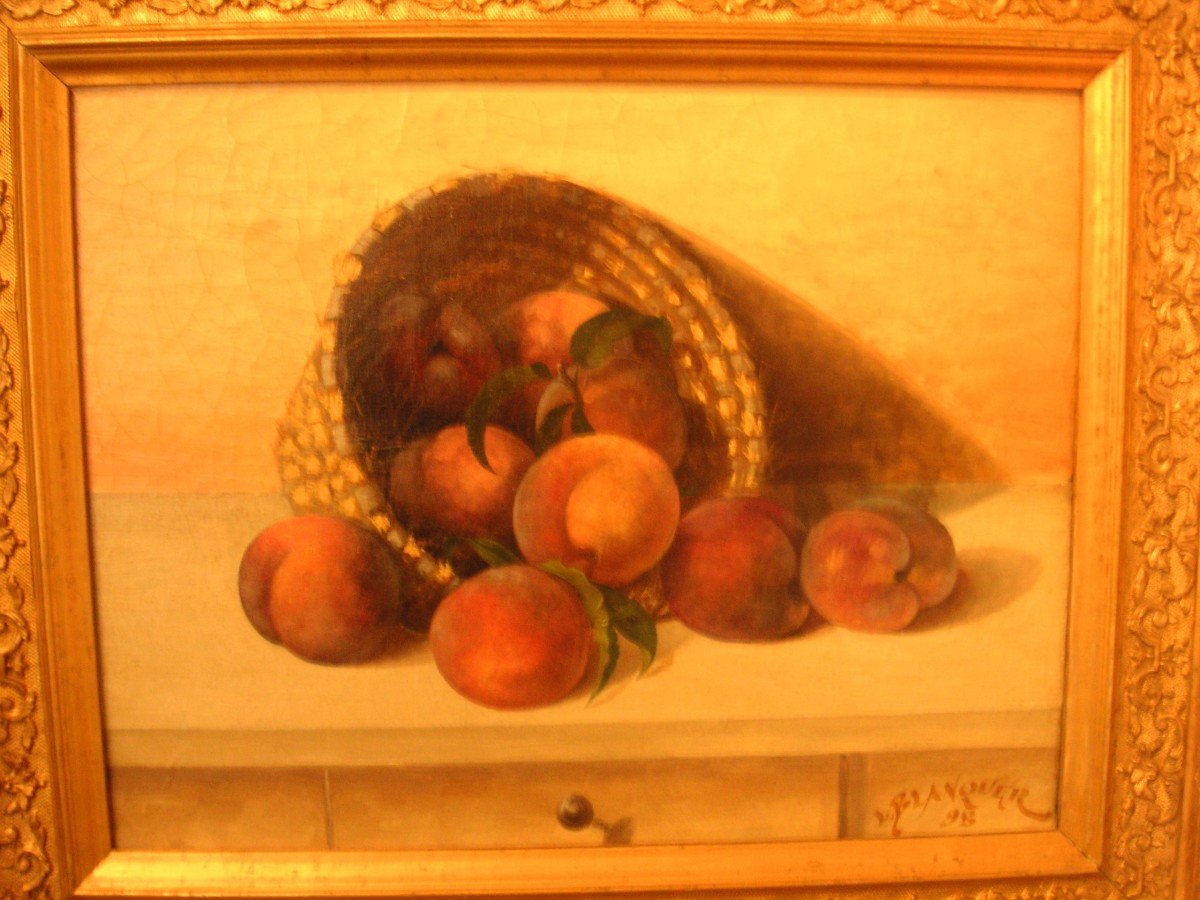Still Life Painting With A Basket Of Peaches / Late 19th Century-photo-4
