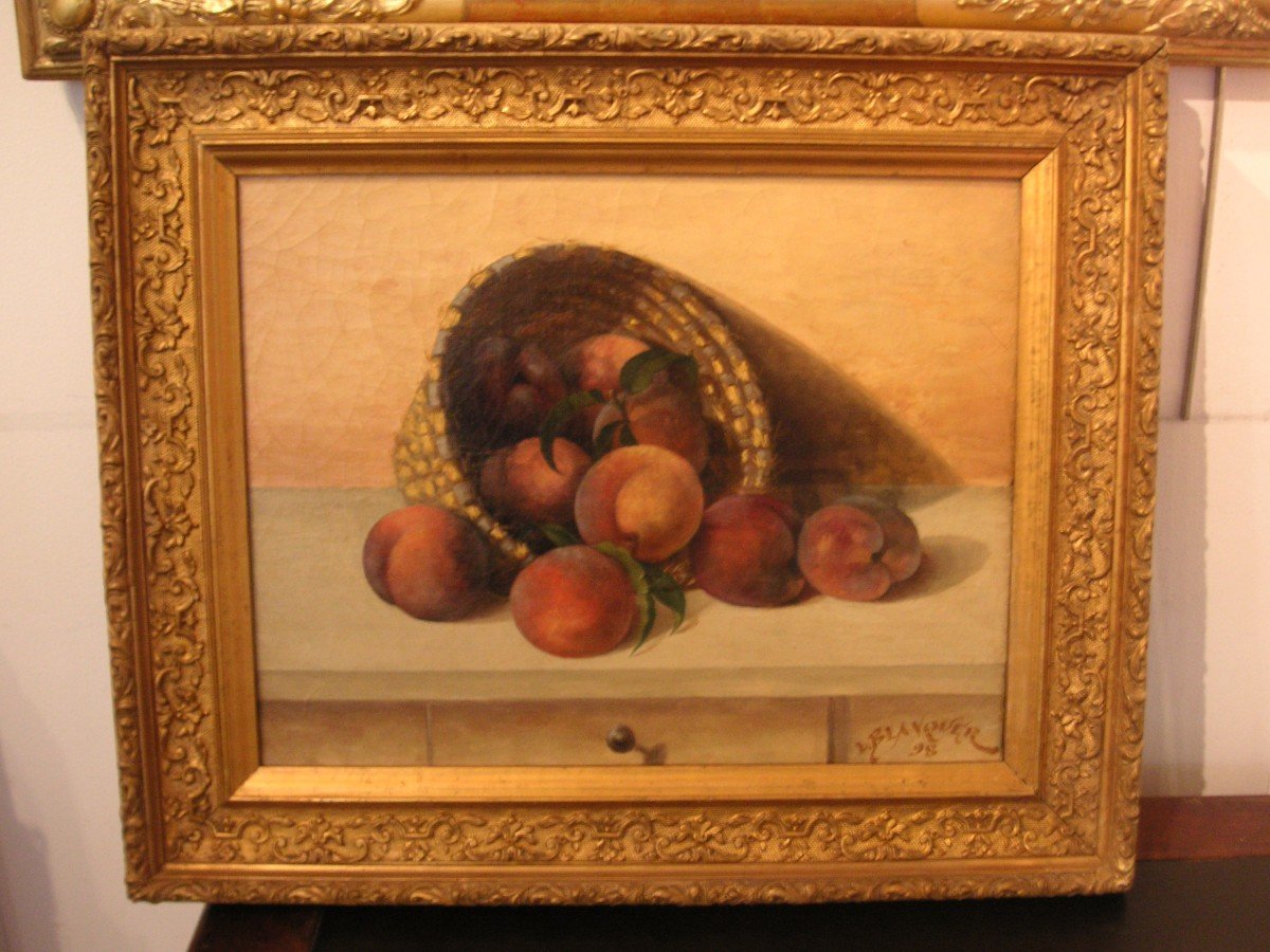 Still Life Painting With A Basket Of Peaches / Late 19th Century-photo-6