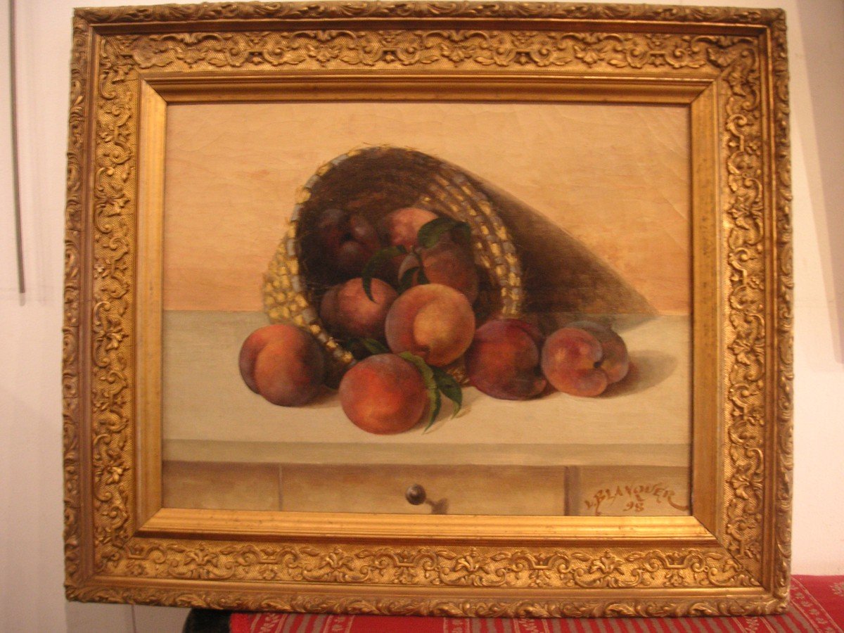 Still Life Painting With A Basket Of Peaches / Late 19th Century