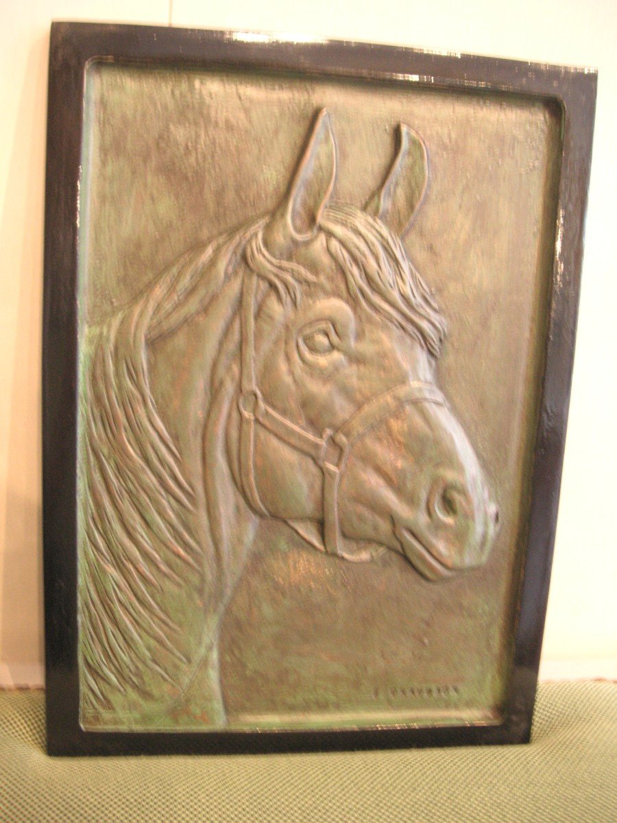 Cheval :tête /panneau en bronze / signé B .Chaudron-photo-2