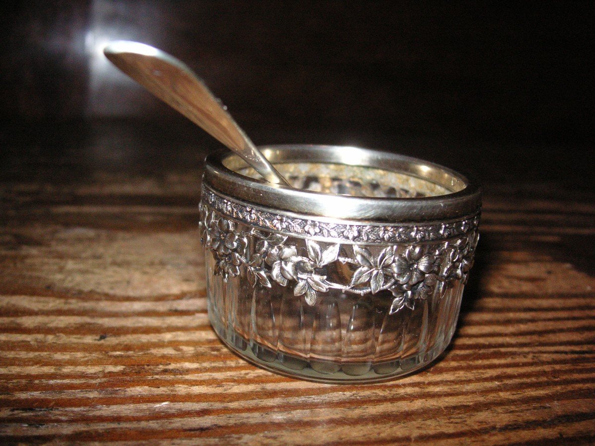 Saleron cristal et argent massif ,cuillère à sel argent ma