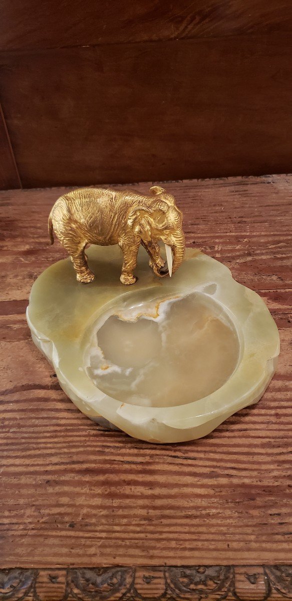 Elephant Gilded Bronze-ivory And Onyx /art Deco/empty Pocket-photo-3