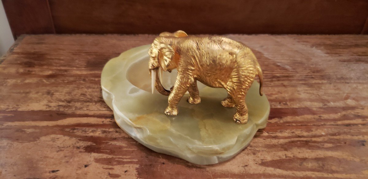 Elephant Gilded Bronze-ivory And Onyx /art Deco/empty Pocket-photo-1