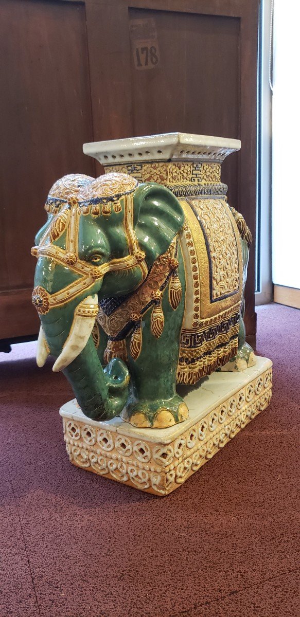 Enamelled Terracotta Elephant / Asian / 20th Century