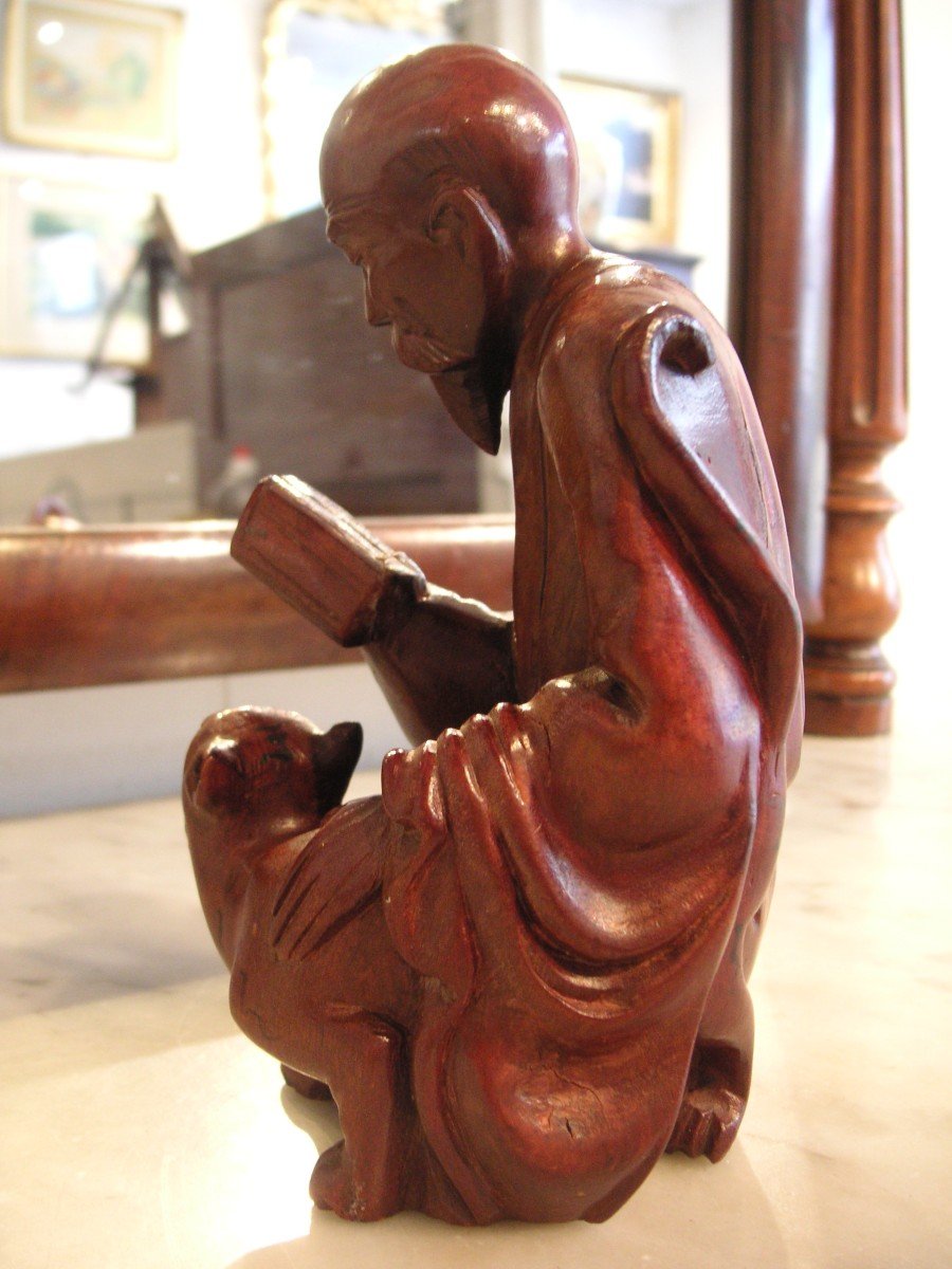 Homme lettré et son chat /sculpture Asiatique / bois massif -photo-4