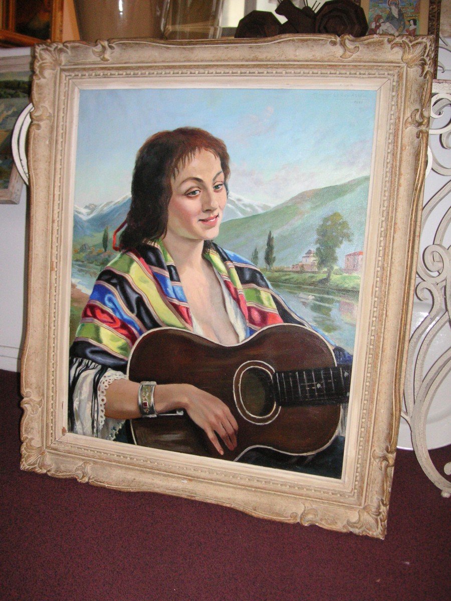 "femme guitariste" /peinture de LEROY-ARENA Georges  1958 / huile /toile 